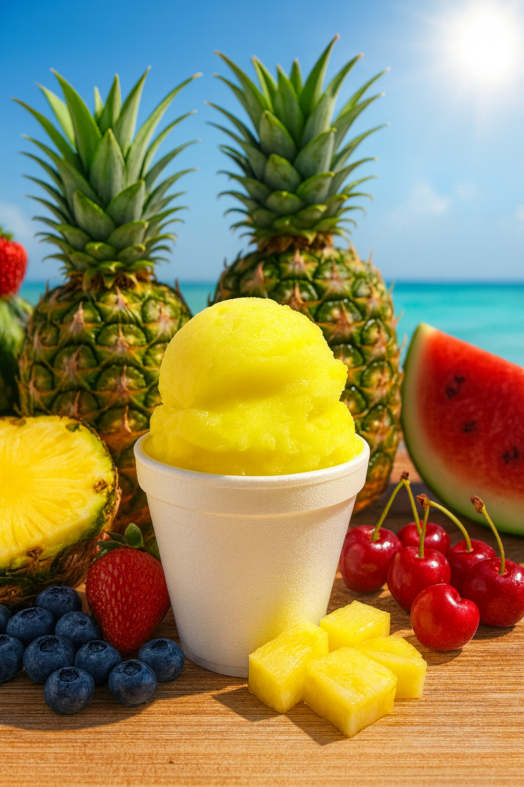 Pineapple sorbet in a cup with fruit, including pineapples, watermelon, and cherries on a beach.
