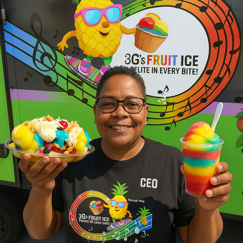 Woman with glasses holding fruit ice treats in front of the 3G's Fruit Ice food truck.