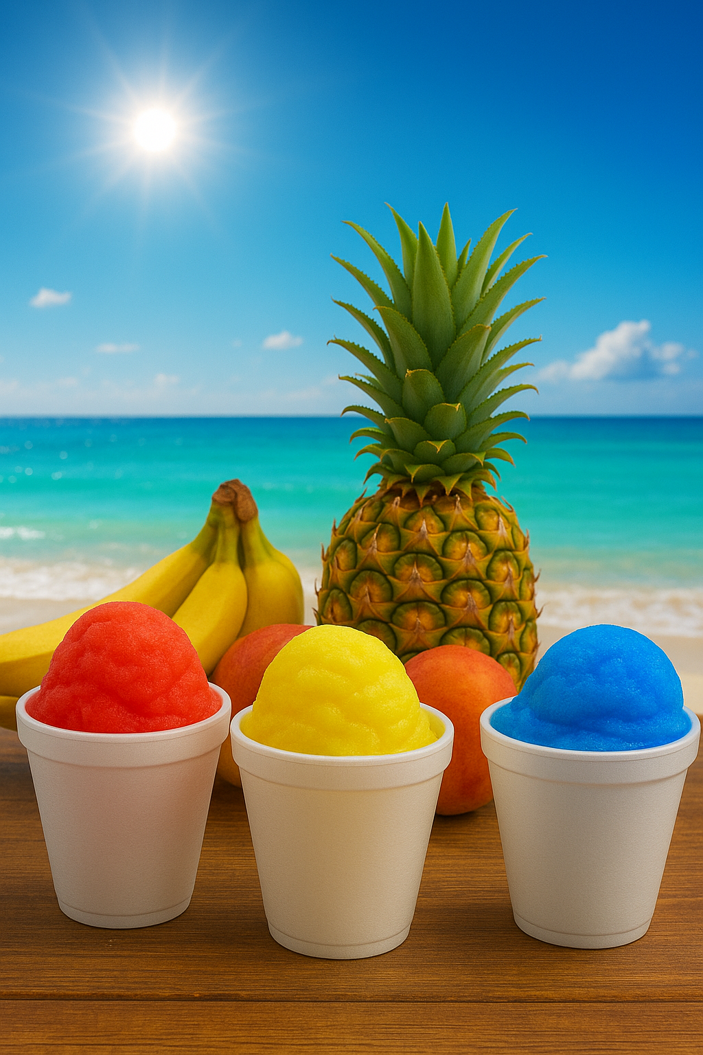 Colorful shaved ice, fruit (pineapple, bananas, oranges) on a beach. Sunny sky and ocean in the background.
