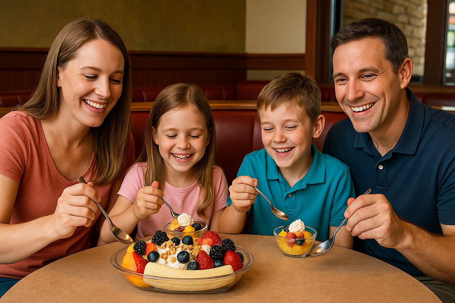 Family smiling and eating ice cream sundaes at a table in a restaurant.
