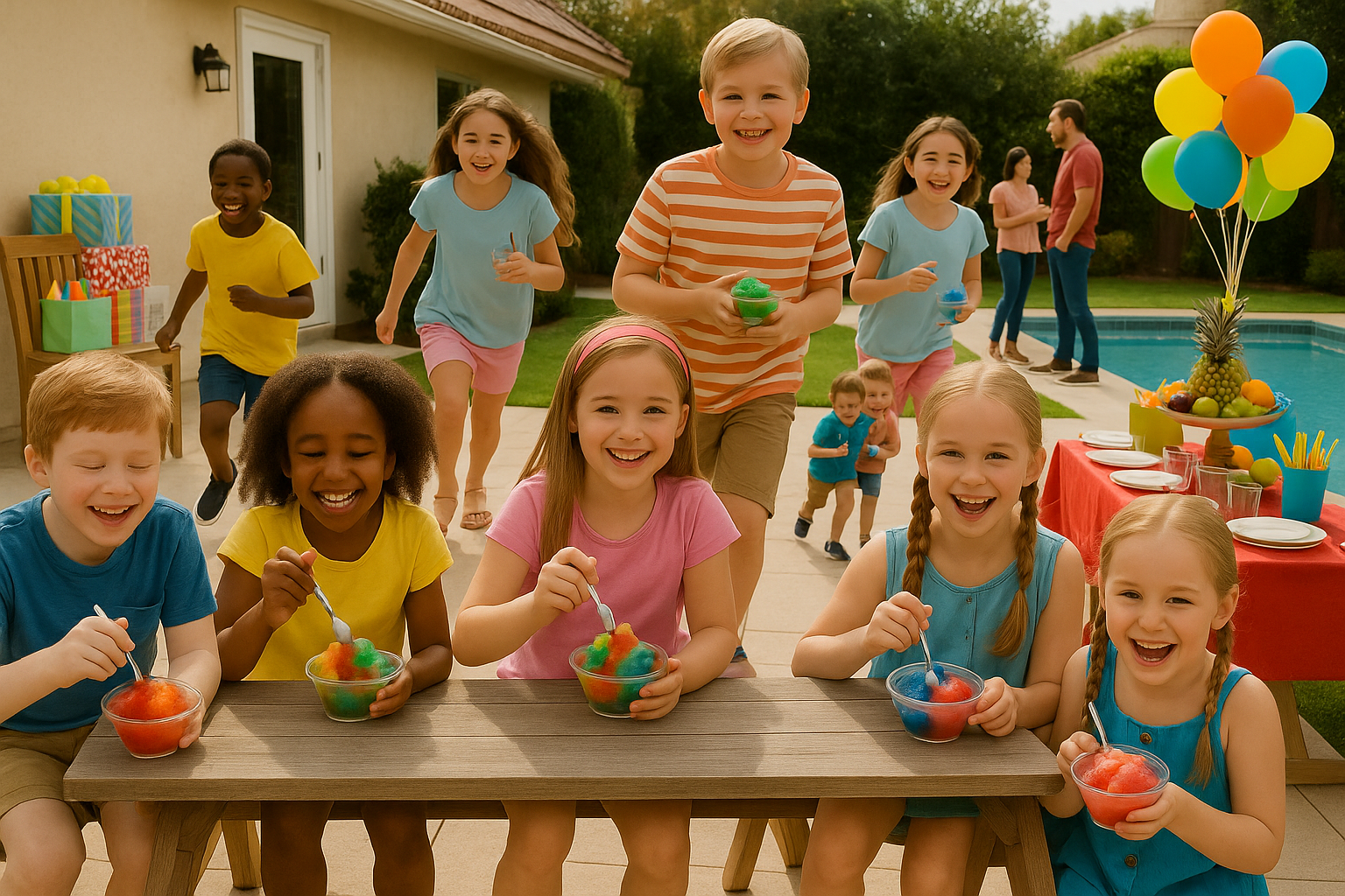 Children eating colorful shaved ice at a backyard party with a pool and balloons, smiling.