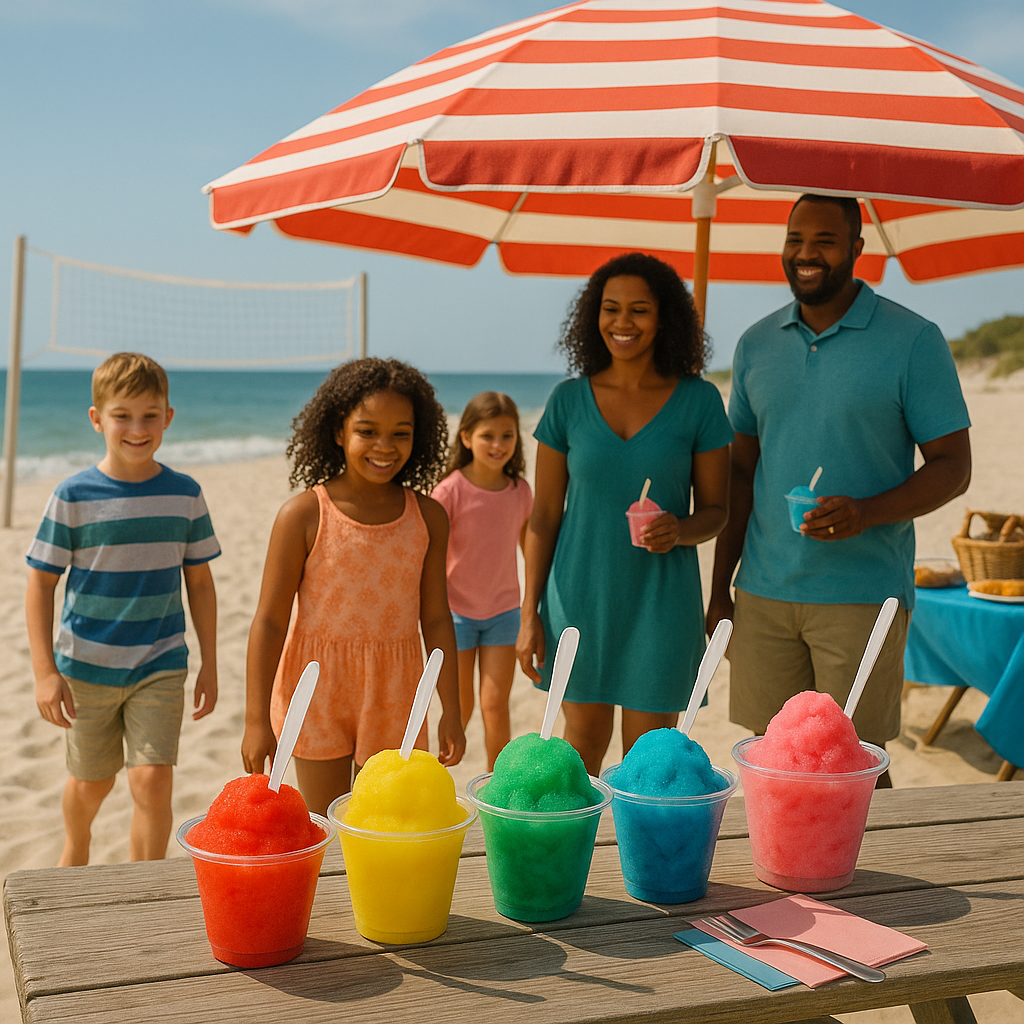 Family at the beach with colorful shaved ice drinks and a red and white umbrella.
