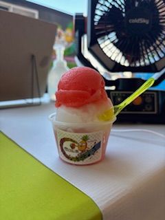A cup of tri-colored sorbet; red, white, and yellow. A small yellow spoon is in the cup.
