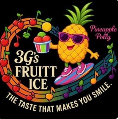 Pineapple mascot surfing on musical notes, holding fruit ice cream.
