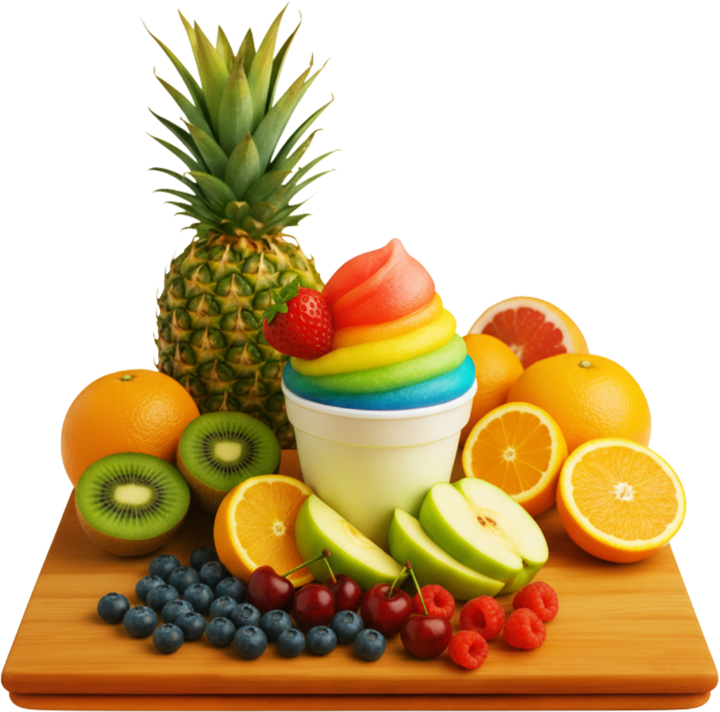 Pineapple, fruit smoothie, and various fruits on a wooden board.