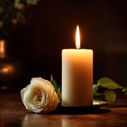Lit memorial candle beside white rose creates peaceful tribute setting in Walla Walla, WA.
