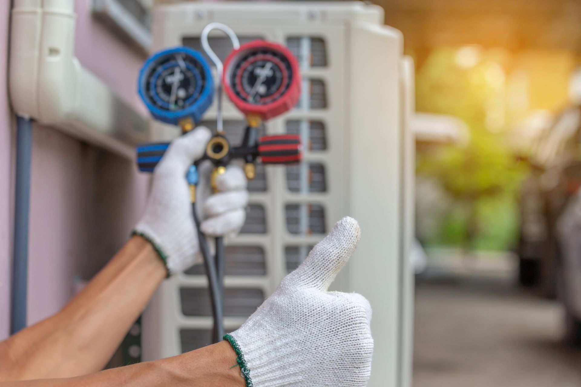 A person holding a pressure gauge