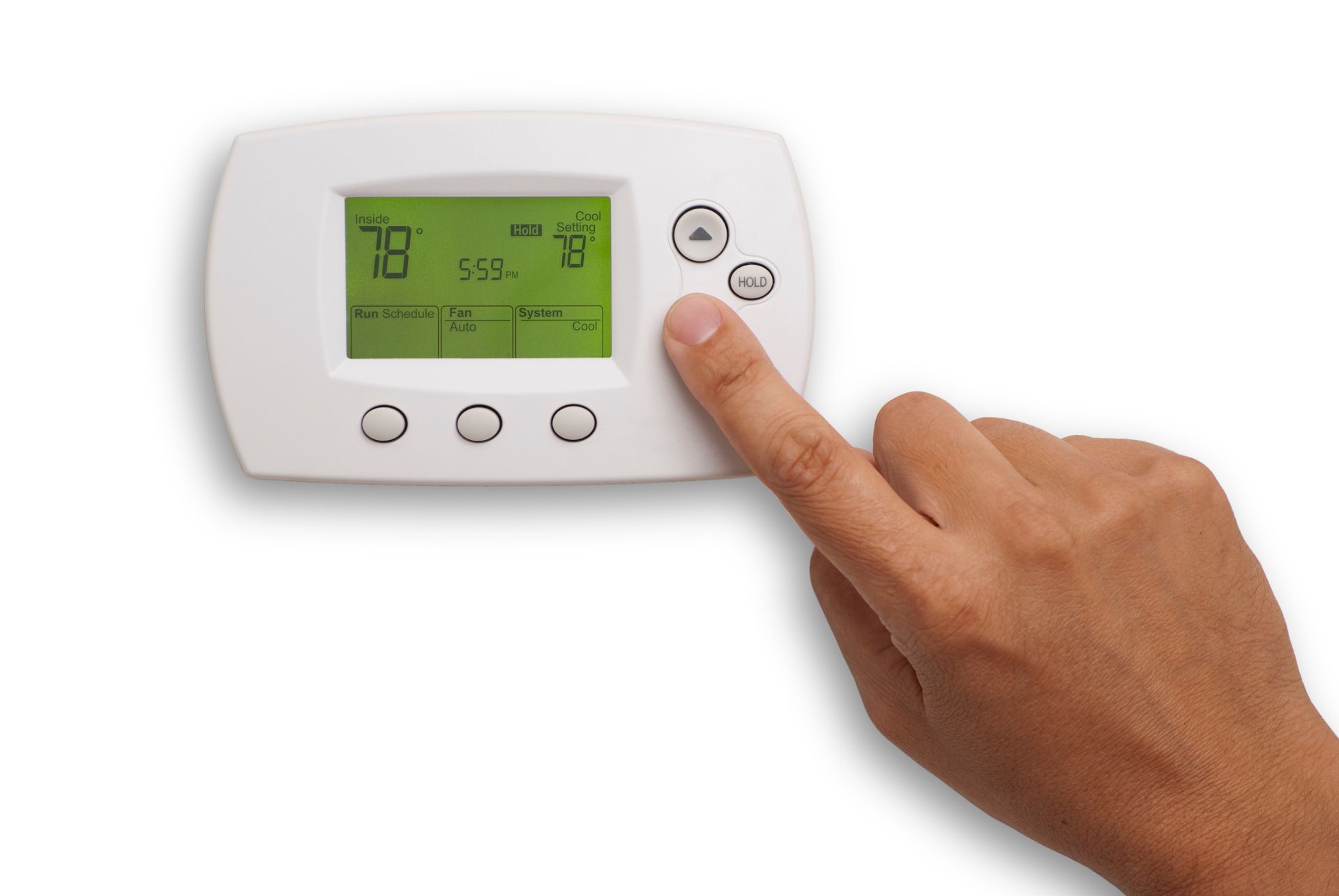 Male hand adjusting a digital thermostat, highlighting excellent HVAC services.