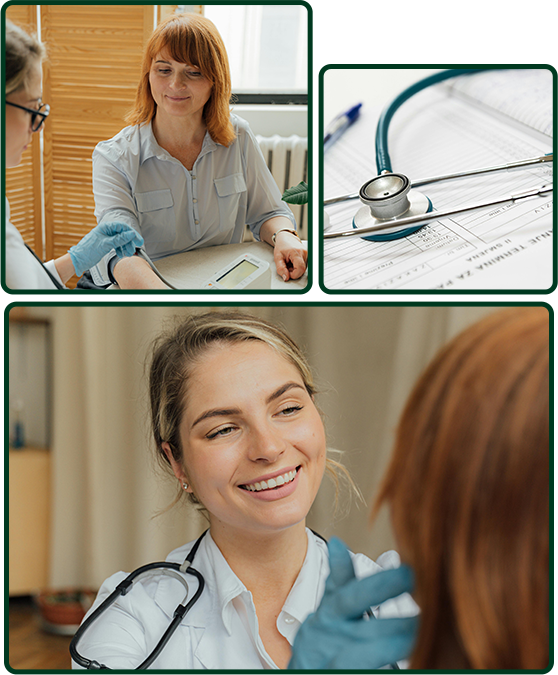 A doctor is sitting at a desk talking to a patient.