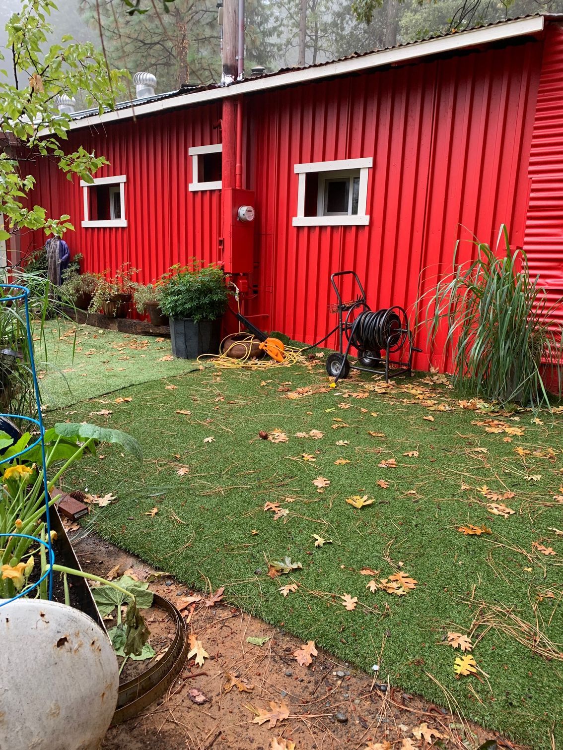 Red-sided building with white-framed windows, surrounded by green turf and plants; outdoor scene.