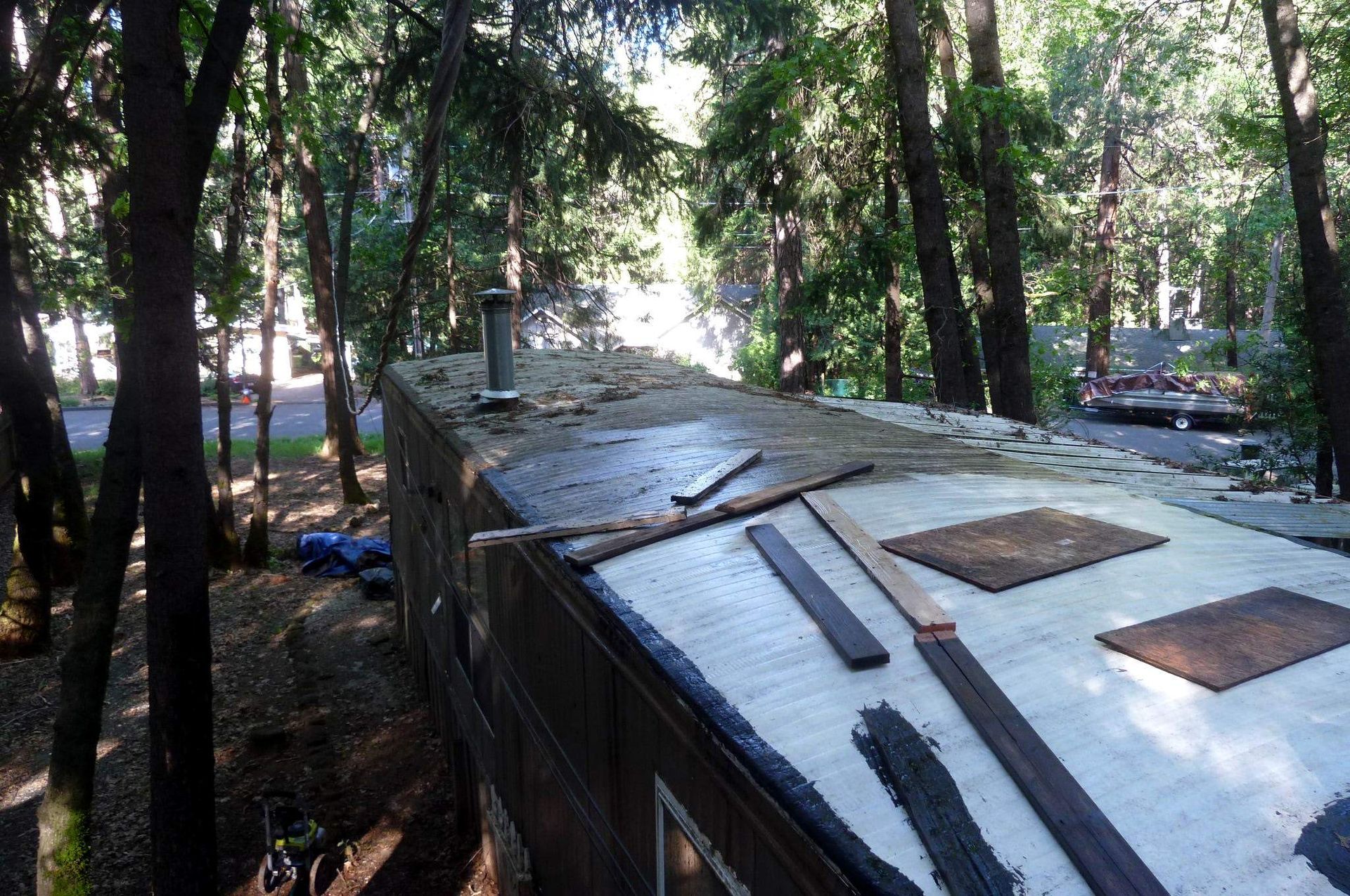 View of a low-slope roof with exposed materials, surrounded by trees.