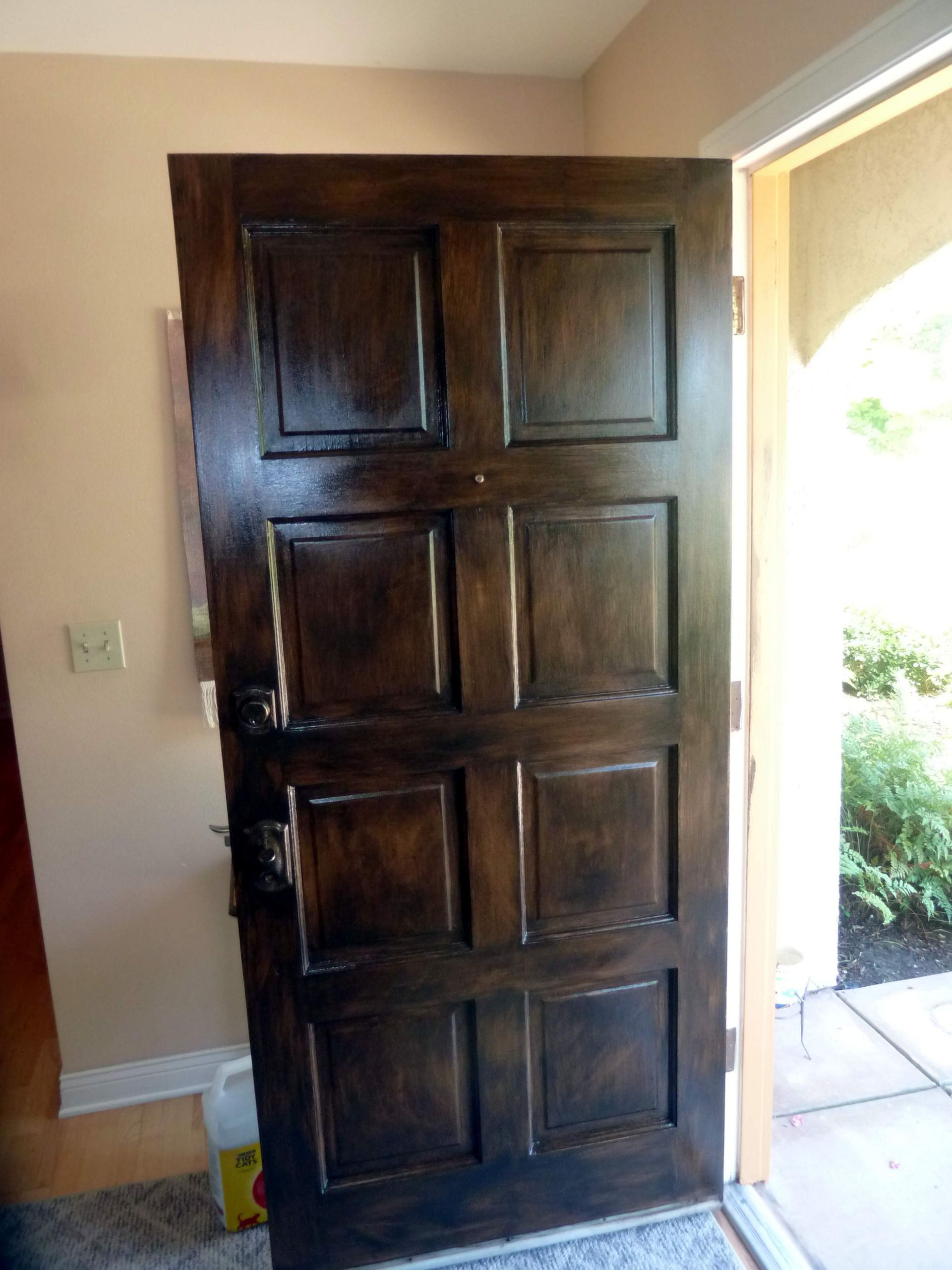 Dark stained wooden door with panels, partially open, revealing a bright outdoor setting.