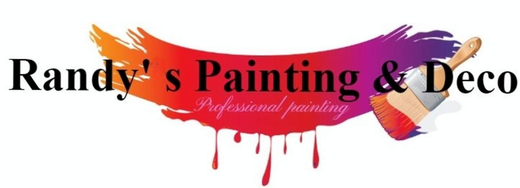 Logo for Randy's Painting & Deco. Text on a colorful paint stroke with a paintbrush.