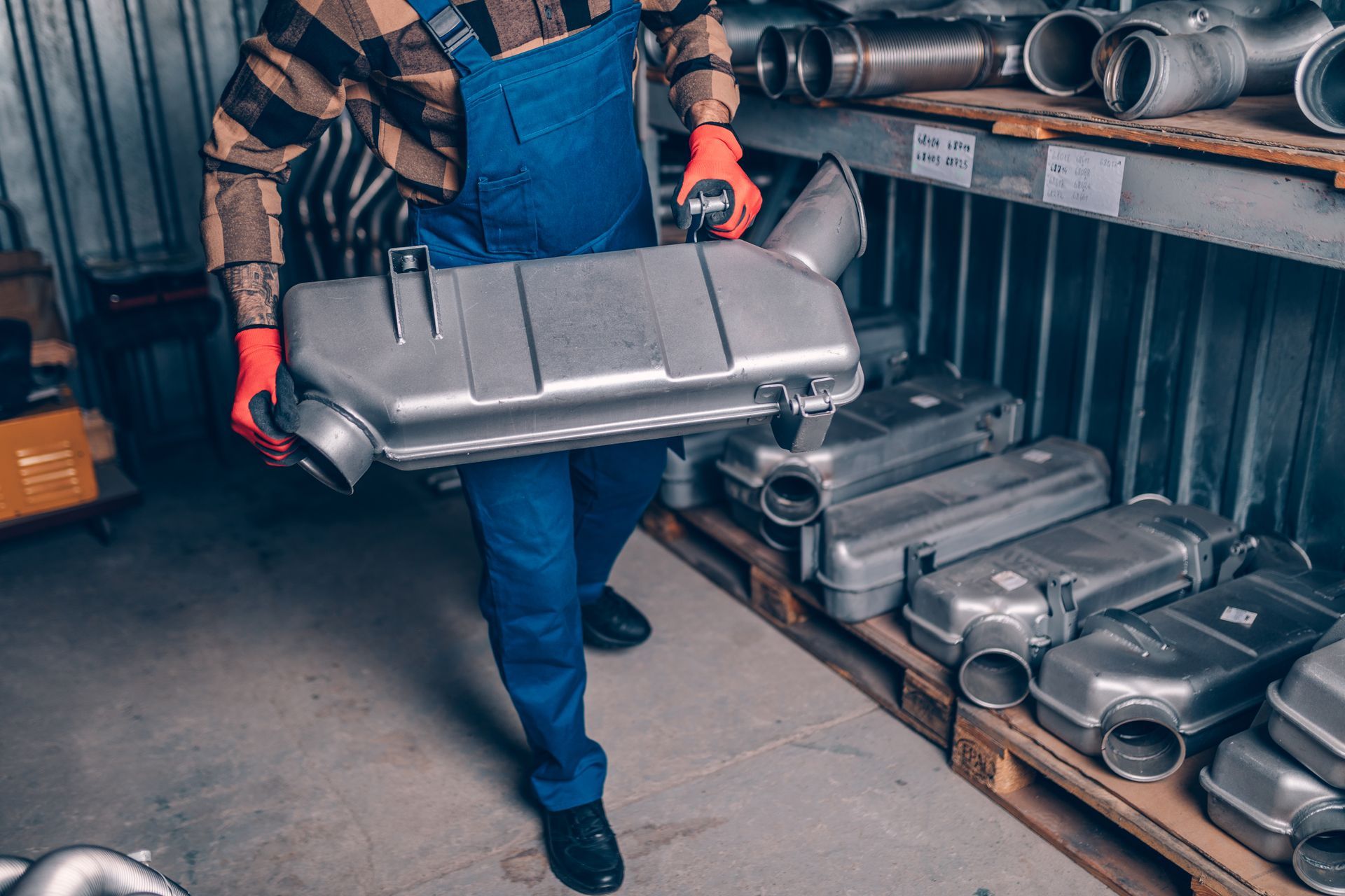 Auto parts supplier holding a truck muffler in a warehouse.