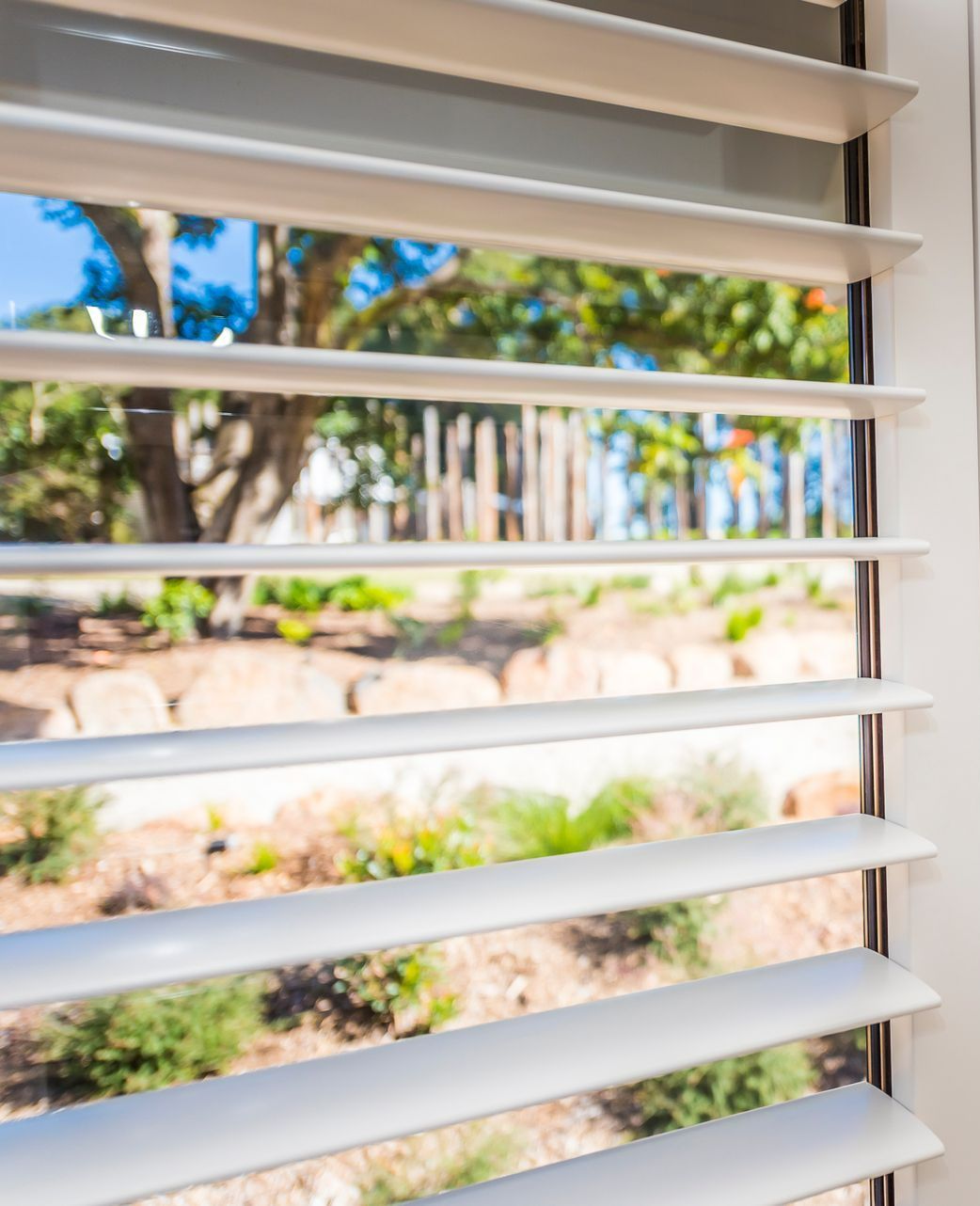 A Living Room With a Curved Window With White Shutters on It — TT Shutters & Shading In Murwillumbah, NSW
