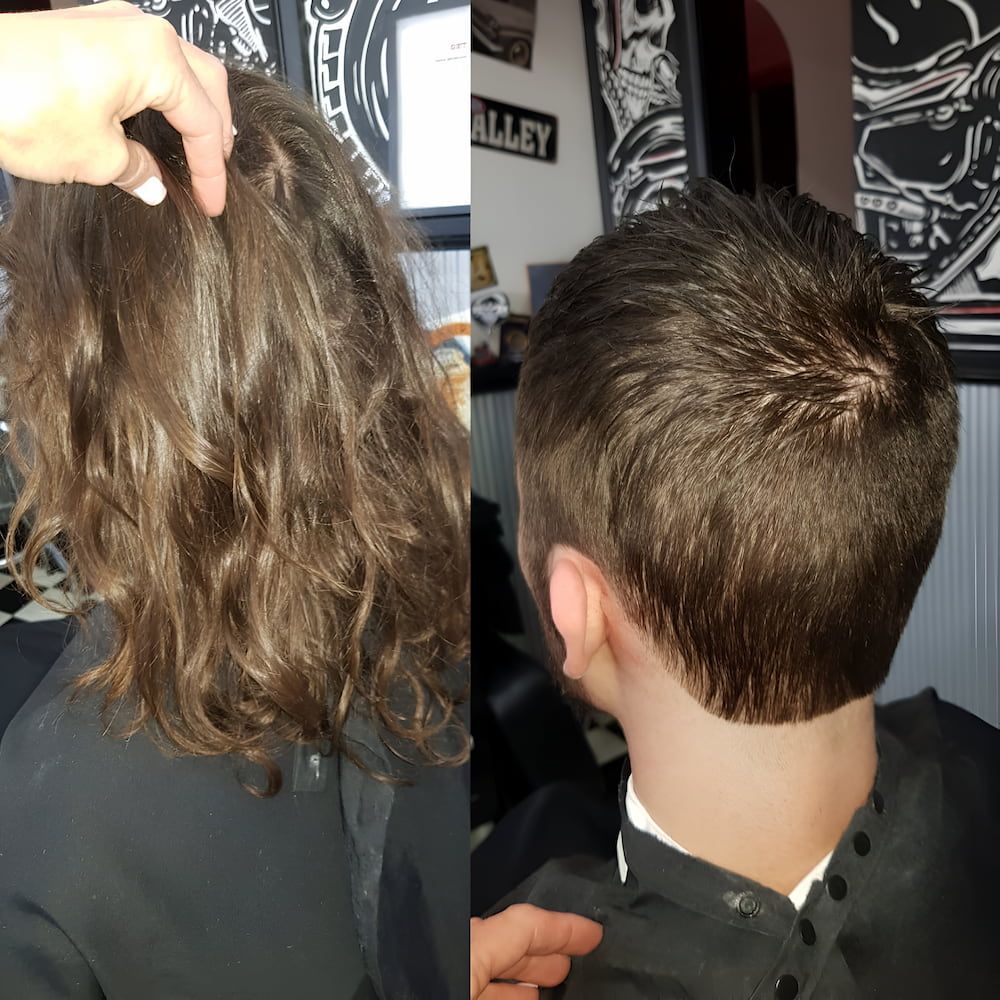 A Before And After Picture Of A Person Getting Their Hair Cut — Get It Off Men's Barber Shop In Raymond Terrace, NSW