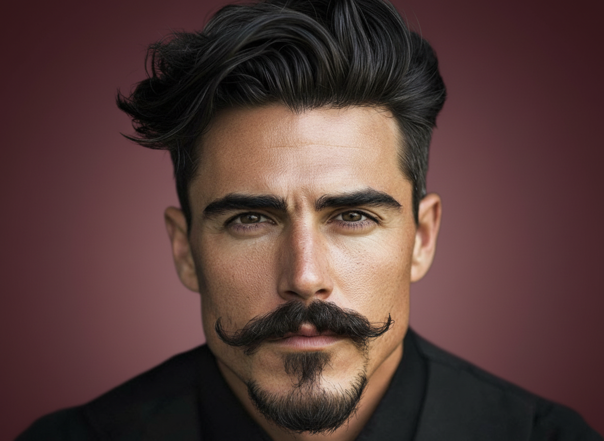 A person with a styled mustache and goatee, looking directly at the camera against a solid dark red background.