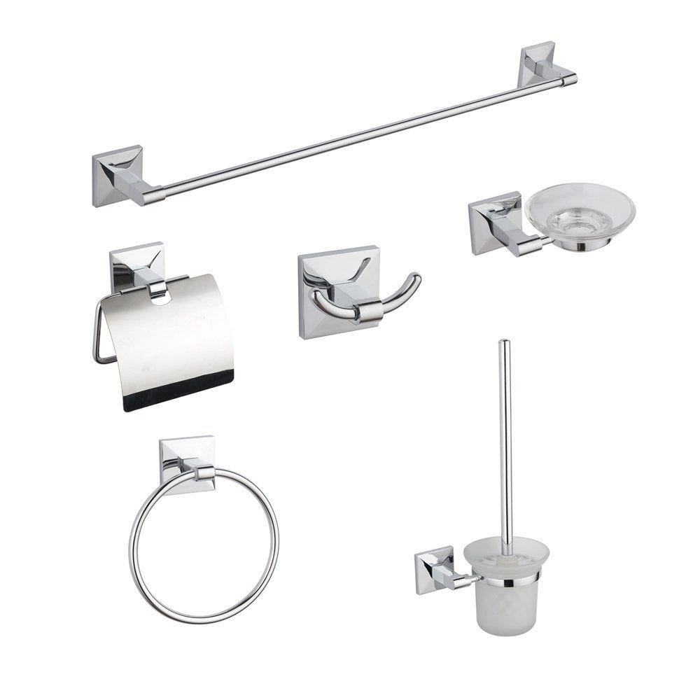 Chrome bathroom accessory set: towel bar, toilet paper holder, robe hook, soap dish, towel ring, and toilet brush.