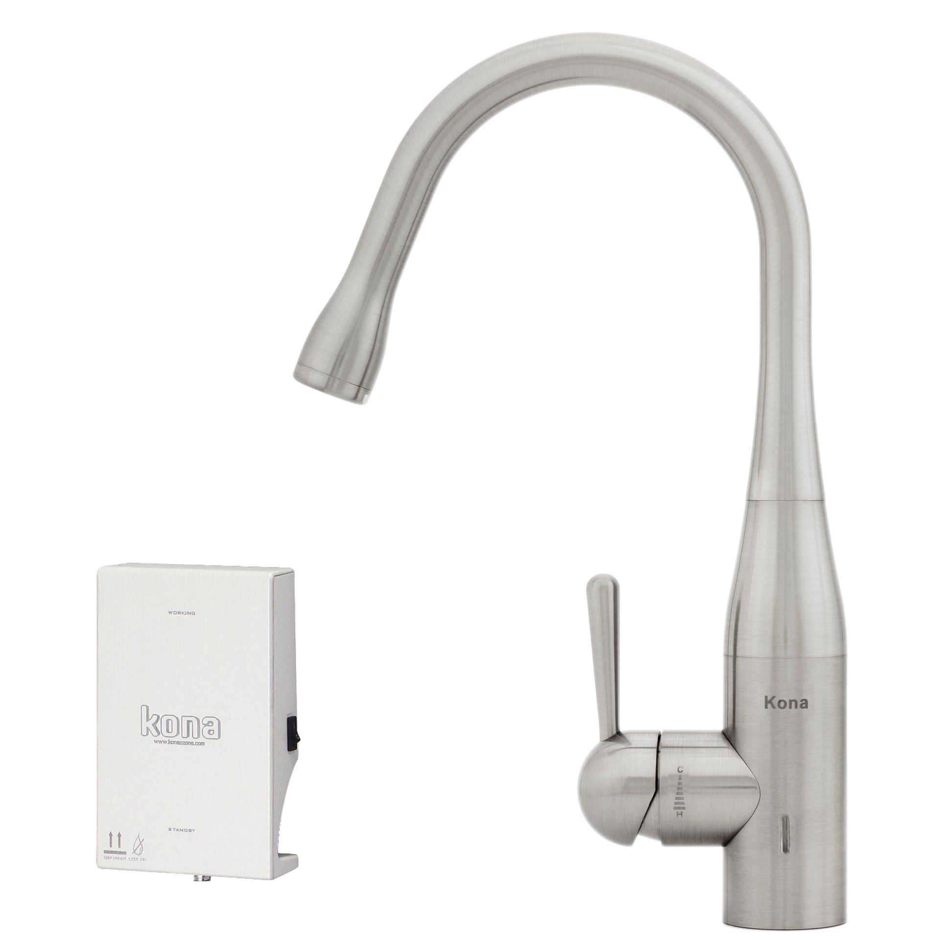 Brushed nickel kitchen faucet with a high arc spout and a separate rectangular control unit.