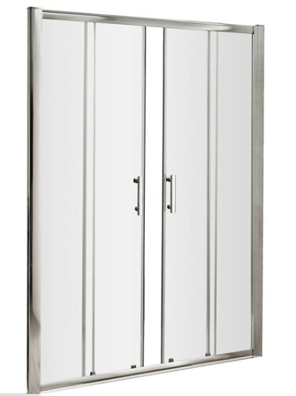 Frameless glass shower doors with two panels, silver frame, and dark handles.