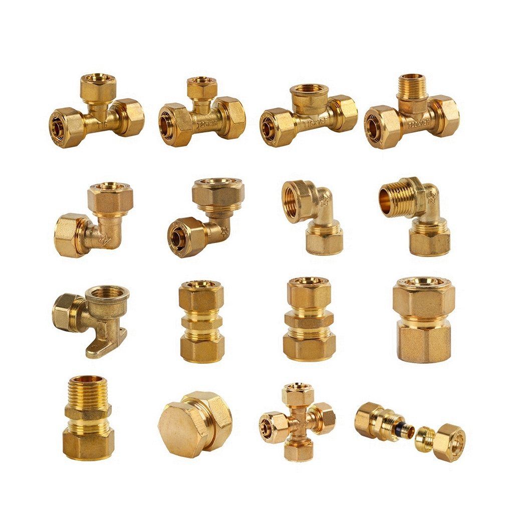 Various brass plumbing fittings, including tees, elbows, and couplings.