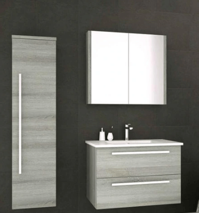 Gray bathroom cabinet set with mirror and tall cabinet against a dark gray wall.