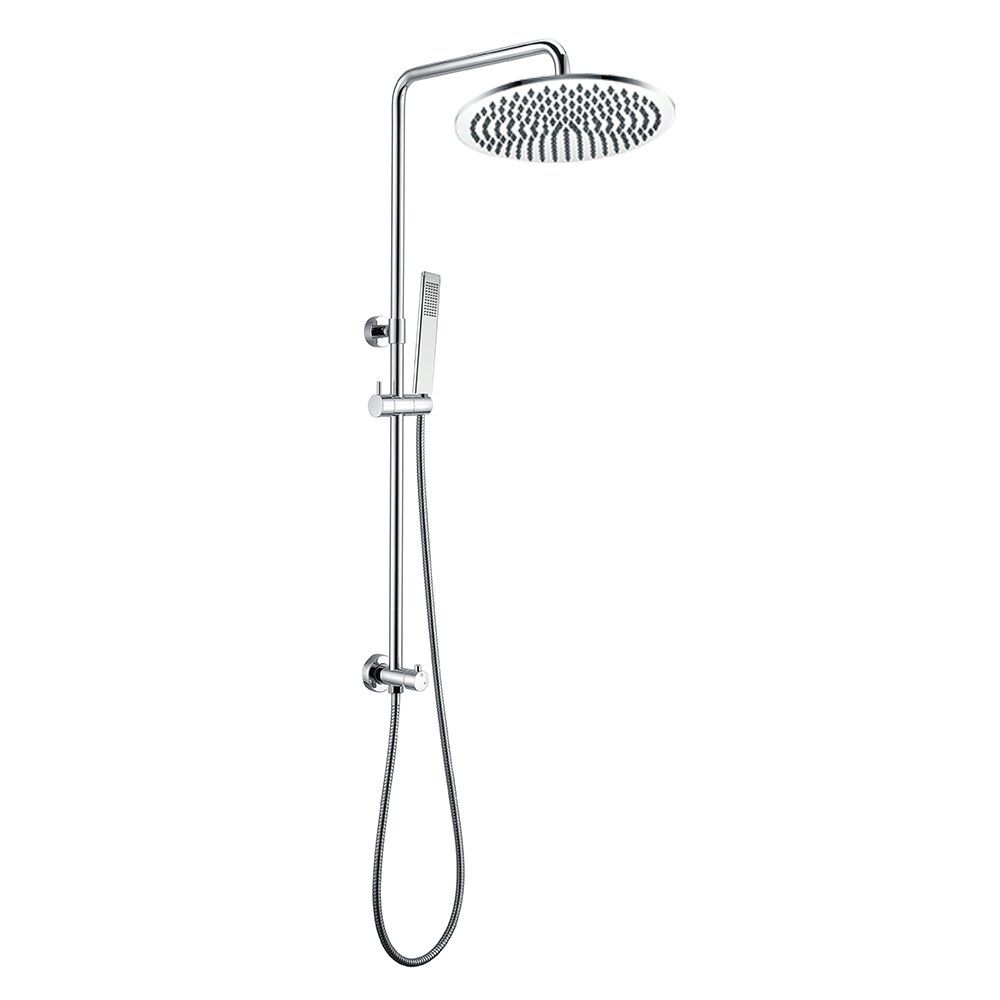 Chrome shower system with overhead rain showerhead and handheld wand.