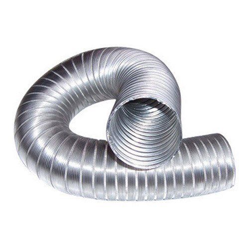 Flexible silver metal ductwork, coiled and bent.