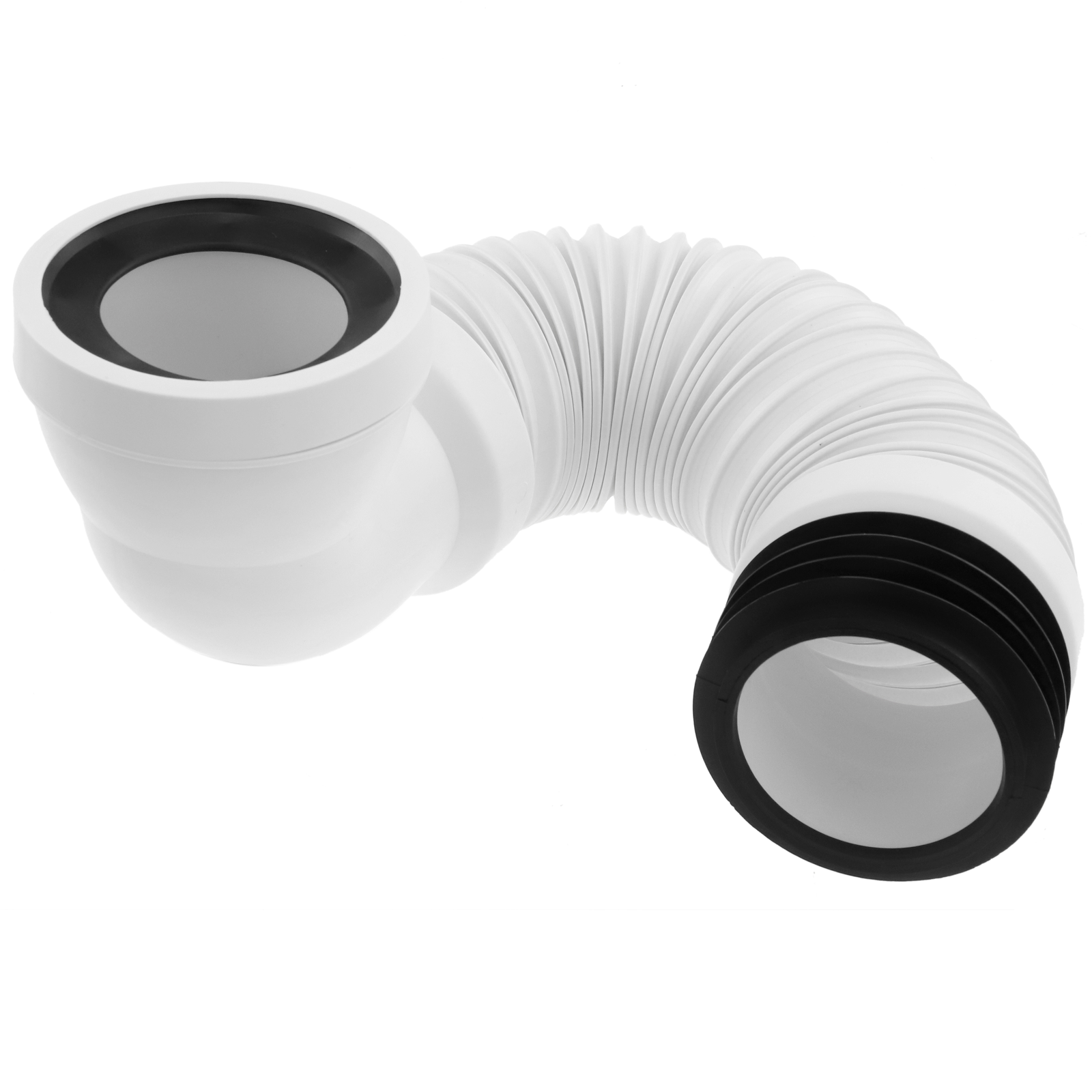 White flexible toilet connector pipe with black rubber seals.