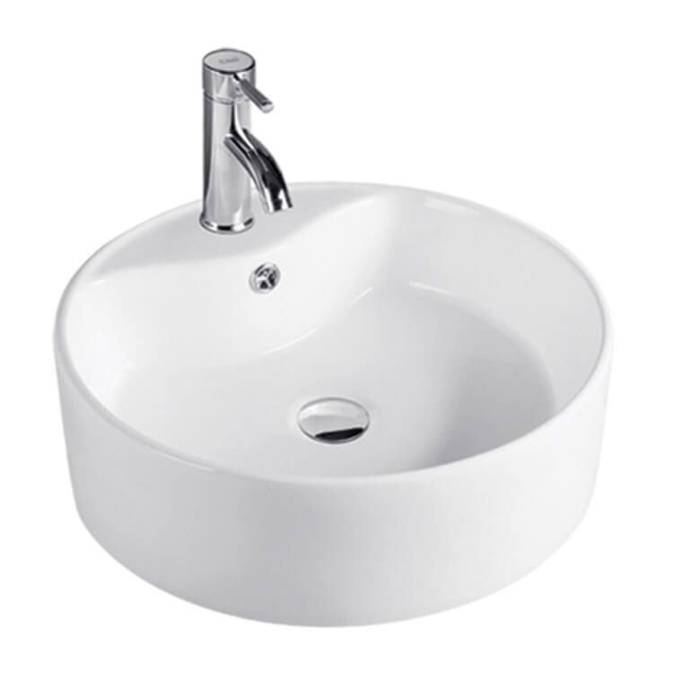 White, round ceramic bathroom sink with chrome faucet.