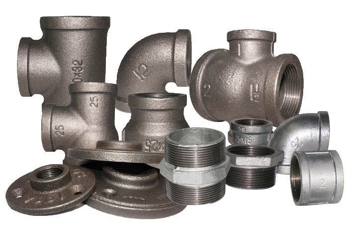 Collection of various black iron pipe fittings.