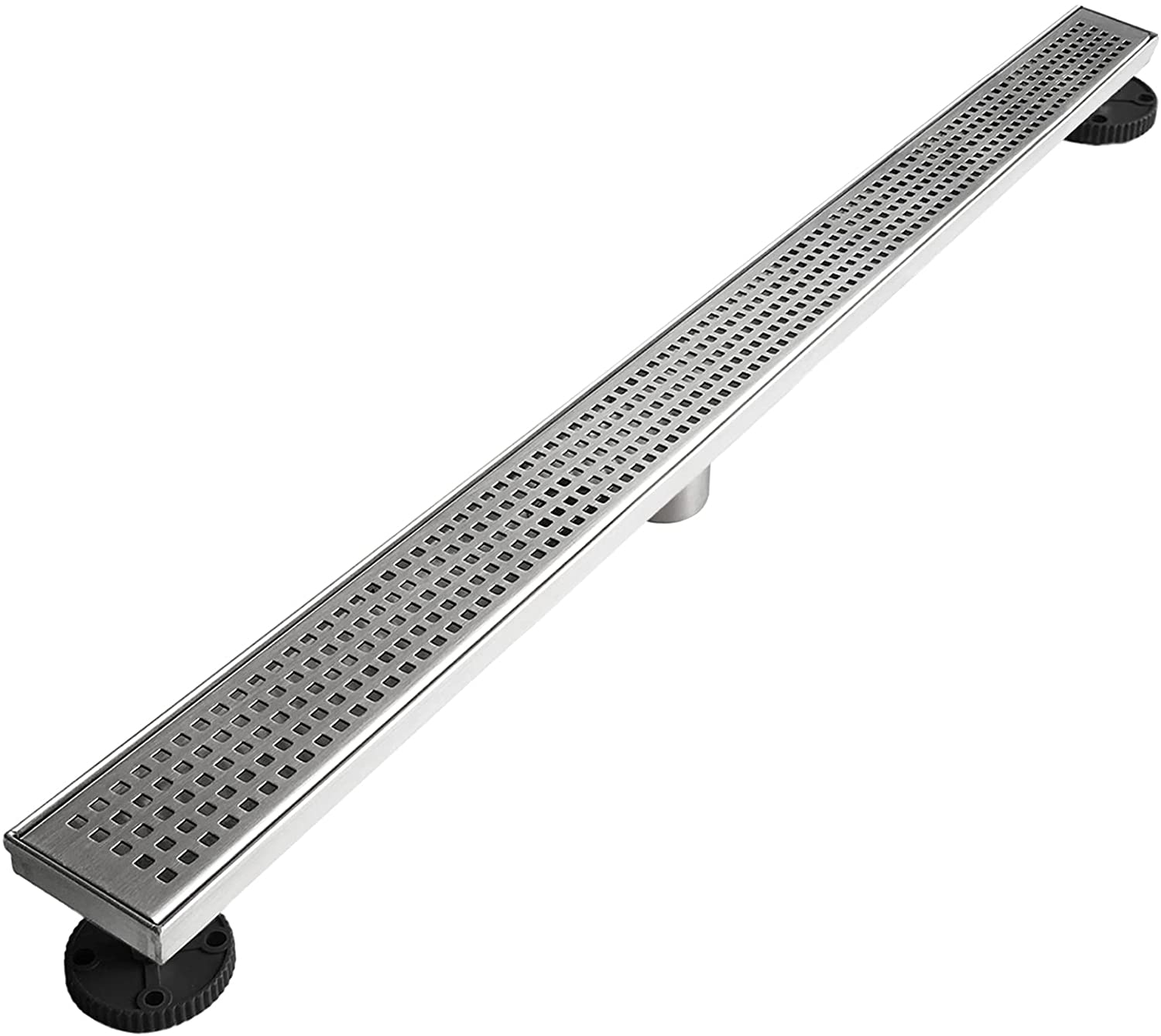 Stainless steel linear shower drain with perforated top.