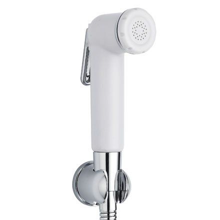White handheld bidet sprayer with chrome mount and handle; angled spray head.