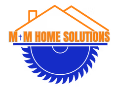 Logo for M + M Home Solutions featuring an orange house outline, orange text, and a blue saw blade.