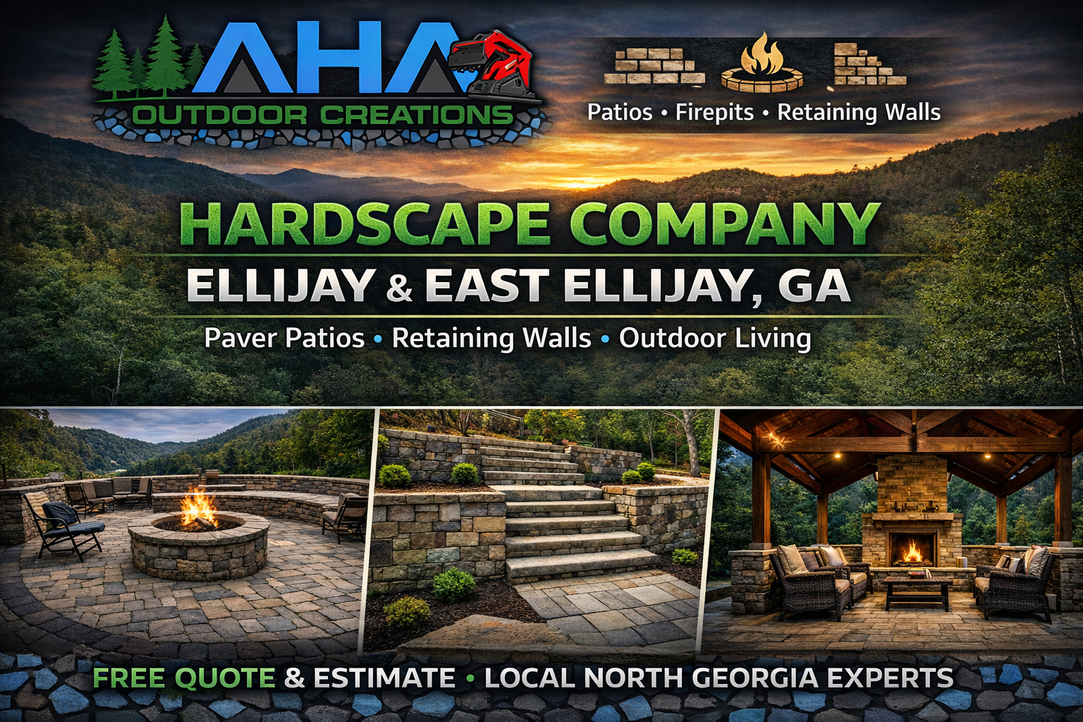 Advertisement for a hardscape company in Ellijay, GA, showing patios, retaining walls, and outdoor living spaces.