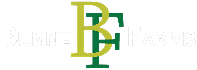 A green and yellow logo for a company called bunne farms.