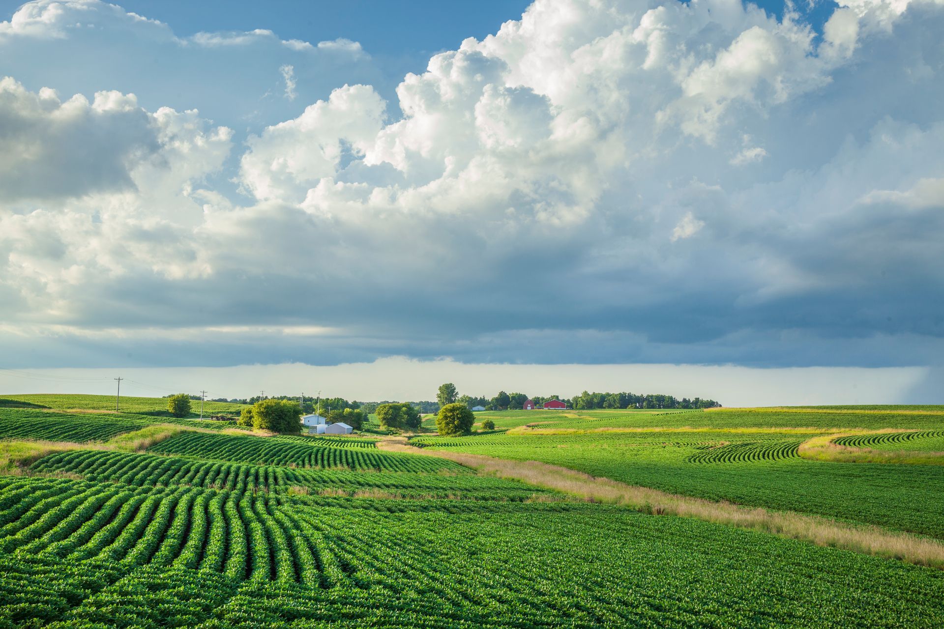 Green farmland under a cloudy sky, with a road and a distant farm.