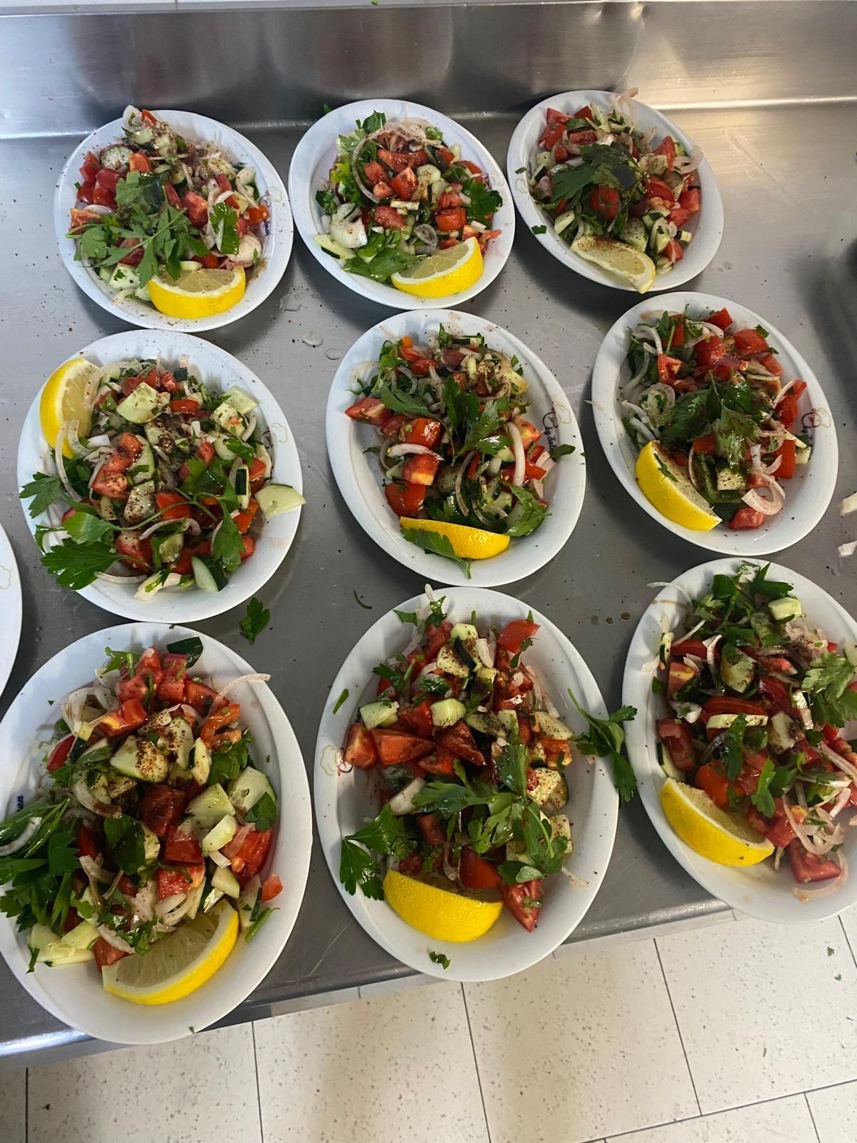 Nove piatti ovali di insalata con spicchi di limone, su una superficie metallica.