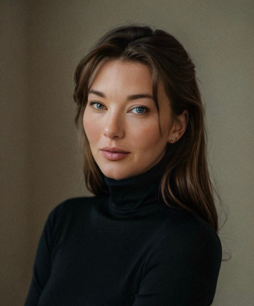Portrait of a woman in a black turtleneck, looking at the camera against a soft neutral background