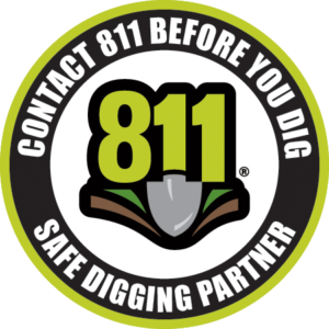 Logo: 811, call before digging, with a shovel and dirt graphic. Green, black, and white. Safe Digging Partner.