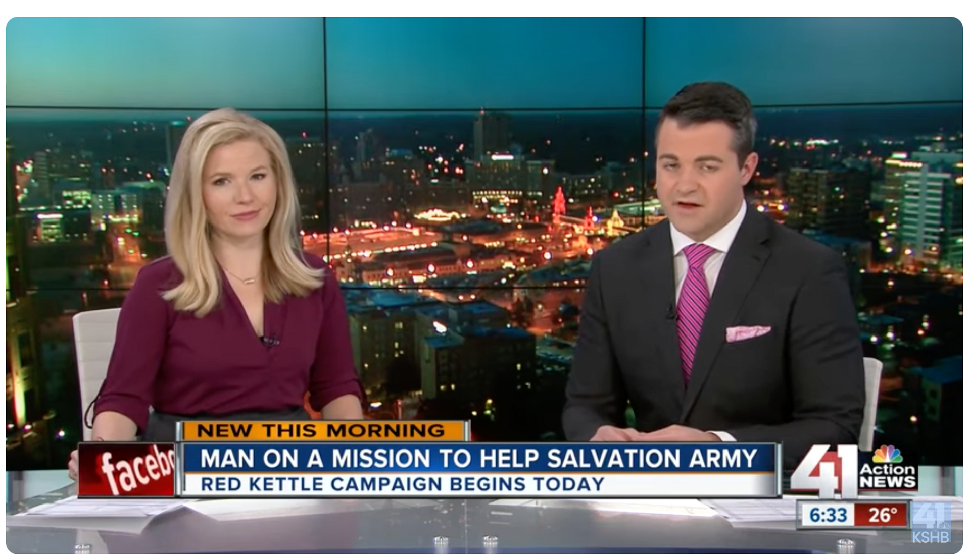 A man and a woman are on a news channel talking about a man on a mission to help salvation army