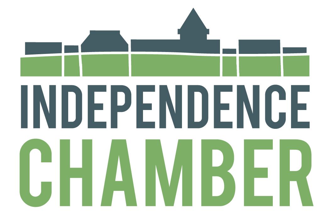 The logo for the independence chamber is green and blue with a building in the background.