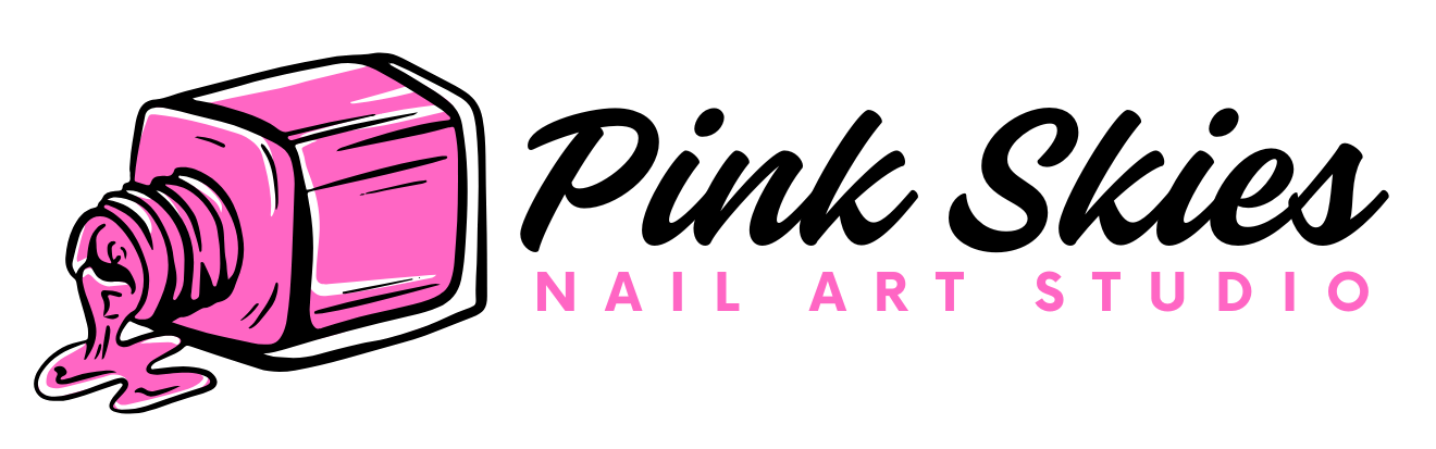 The logo for pink skies nail art studio has a bottle of nail polish pouring out of it.