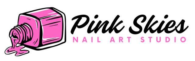 The logo for pink skies nail art studio has a bottle of nail polish pouring out of it.