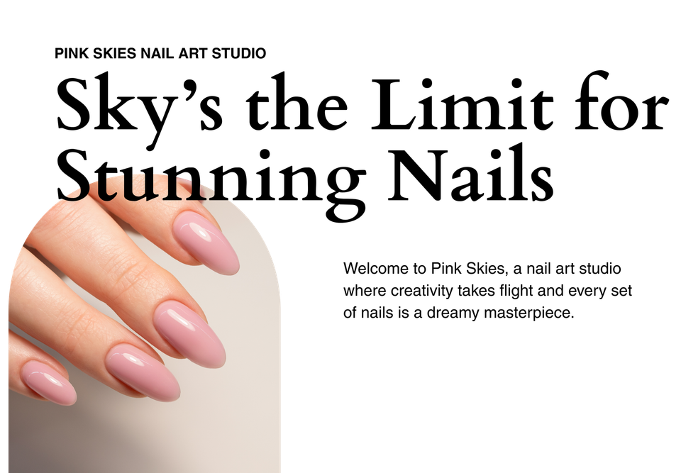 A woman 's hand with pink nails and the words `` sky 's the limit for stunning nails ''