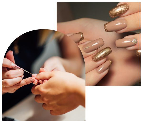 A woman is getting her nails done by a nail artist.