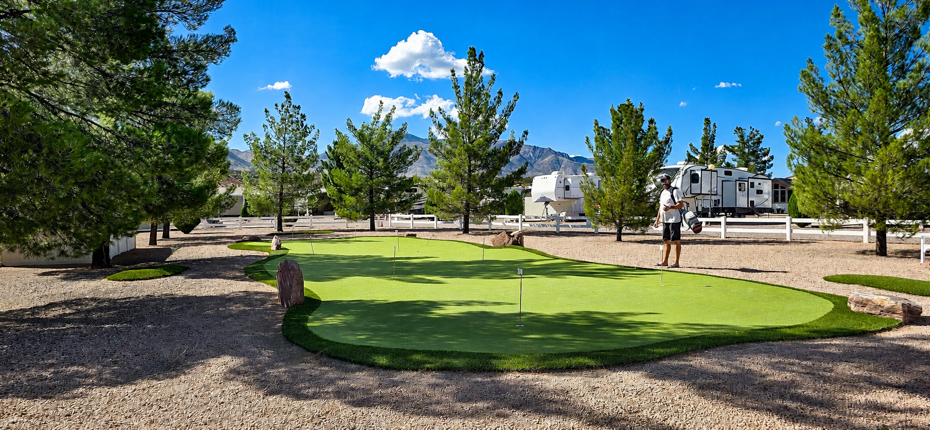 Park with green lawn, gravel path, trees, and houses under a bright blue sky