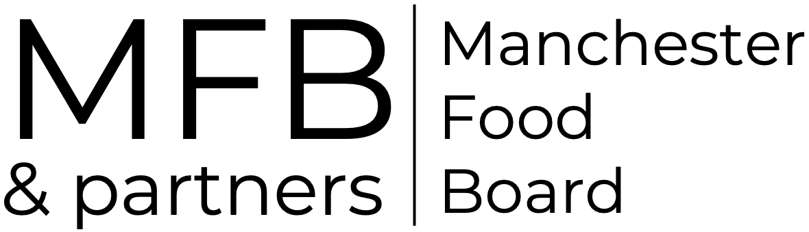 The logo for the manchester food and partners board is black and white.