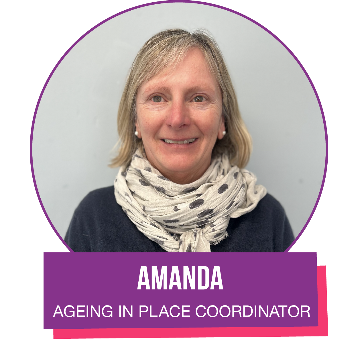 A woman wearing a scarf with the name Amanda on it