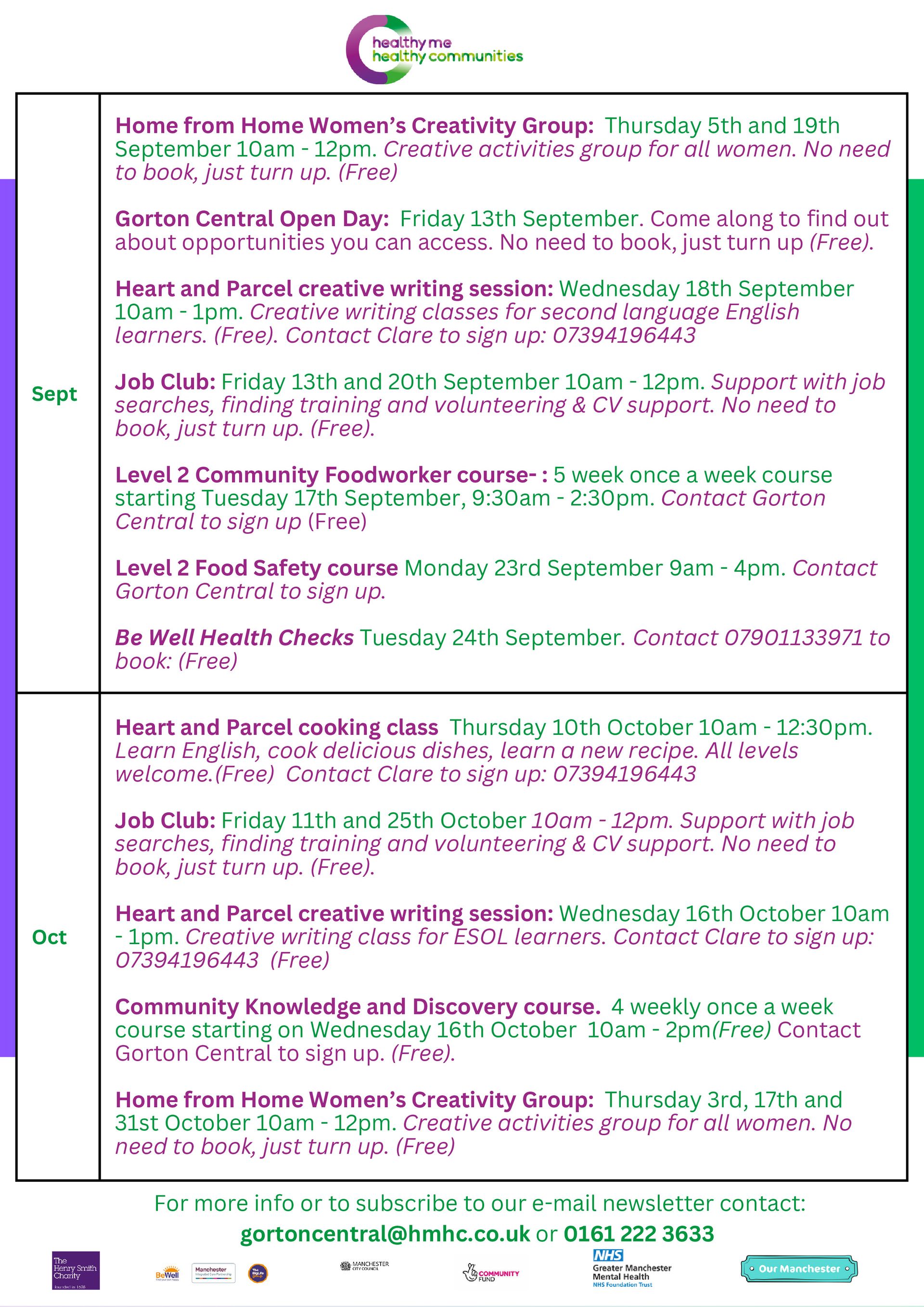 A time table of all activities taking place at Gorton Central September and October 2024